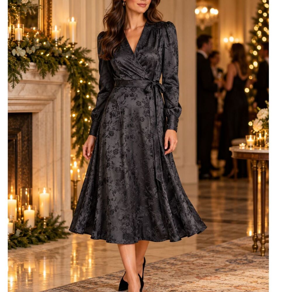 Gal Meets Glam Ivy Bouquet Black Floral Jacquard Wrap Midi Dress 8 Dark Romance